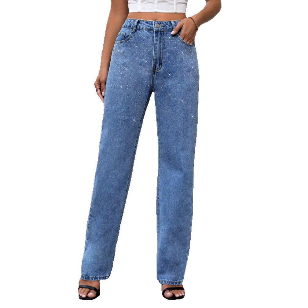 Women's High-Waist Wide-Leg Denim Jeans with Sparkling Pearl Scatter and Straight Leg Mune Fashion