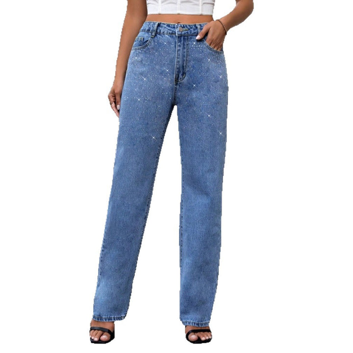 Women's High-Waist Wide-Leg Denim Jeans with Sparkling Pearl Scatter and Straight Leg Mune Fashion
