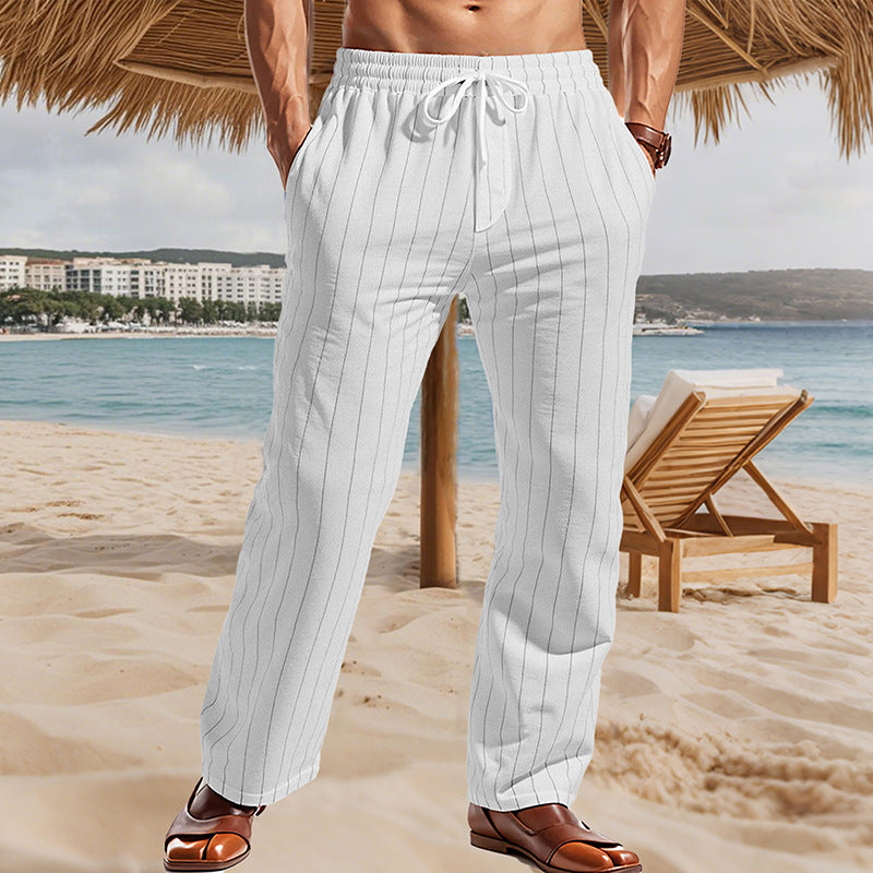 Men's Maritime Linen Look Casual Trousers with Pinstripes, Elastic Waistband and Side Slash Pockets Mune Fashion