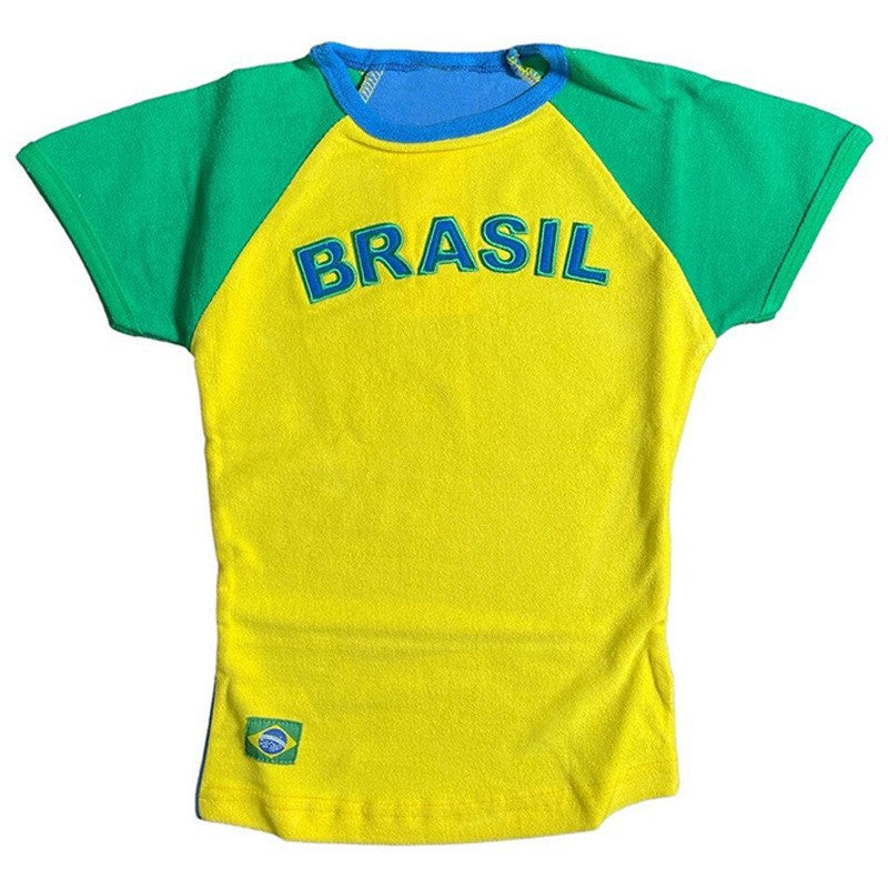 Women's fitted short-cut fan crop shirt with contrast collar and embroidered flag patch Mune Fashion