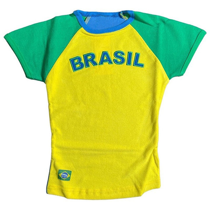 Women's fitted short-cut fan crop shirt with contrast collar and embroidered flag patch Mune Fashion