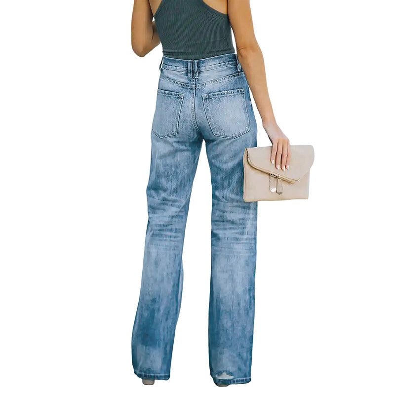 Women's High-Waisted Loose Straight-Leg Jeans with Destroyed Details Mune Fashion