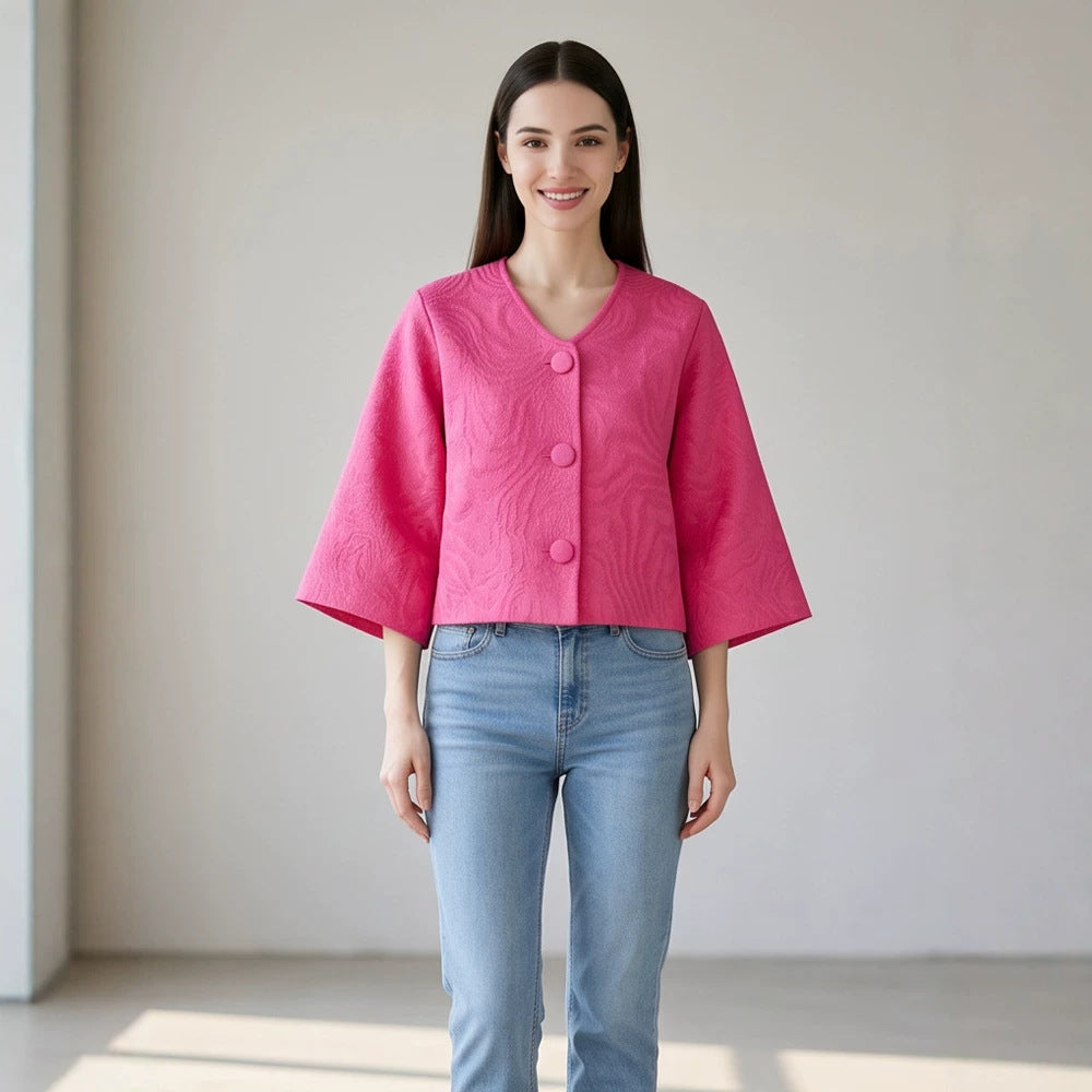 Women short-cut structured jacquard jacket with round neck & large fabric buttons Mune Fashion