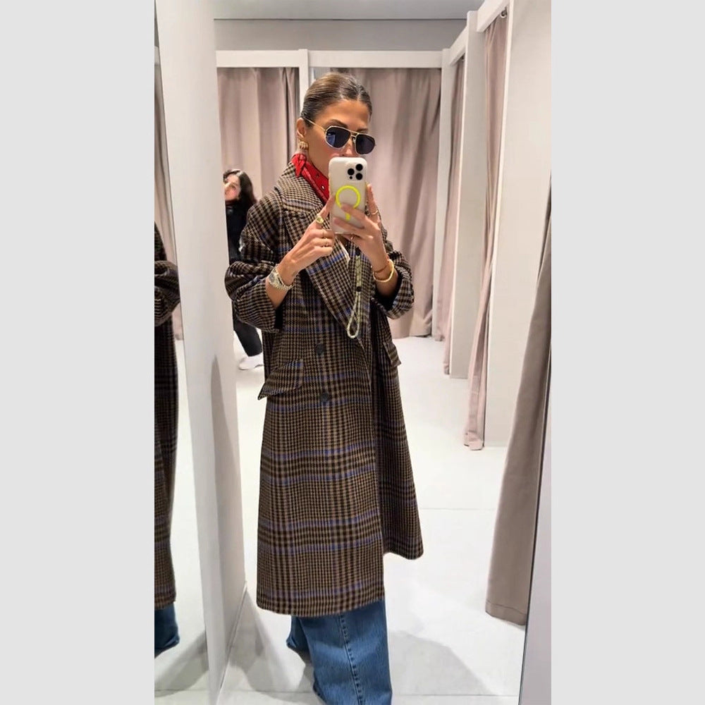 Women Maxilength Oversized Double-Breasted Coat with Emphasized Shoulder and Flap Pockets Mune Fashion