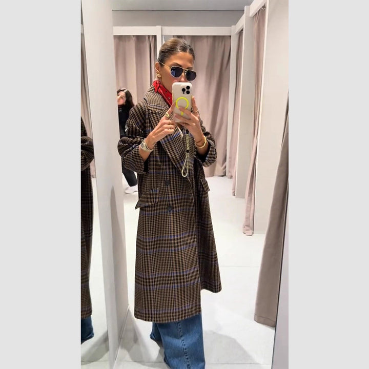 Women Maxilength Oversized Double-Breasted Coat with Emphasized Shoulder and Flap Pockets Mune Fashion