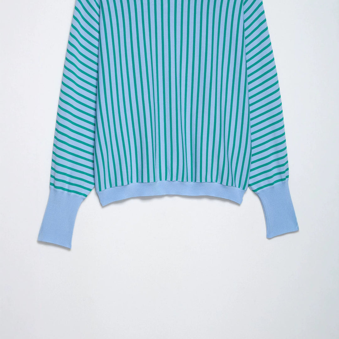 Women's Striped Cropped Fine Knit Sweater with Extended Cuffs Mune Fashion
