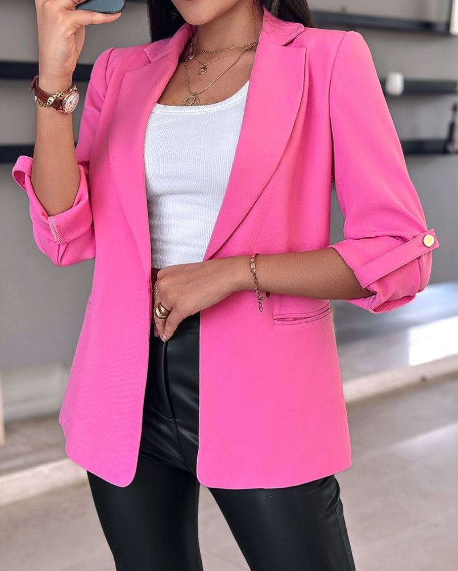 Women's tailored long blazer with rolled-up sleeves, lapel collar, and slim silhouette Mune Fashion