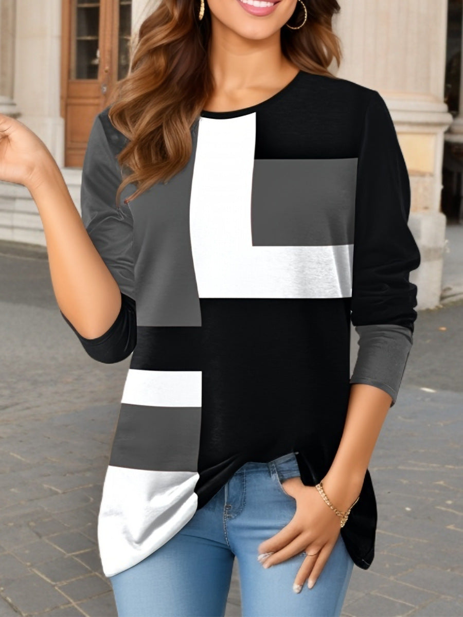Women's geometric color block long sleeve tunic top with round neck and asymmetrical hem Mune Fashion