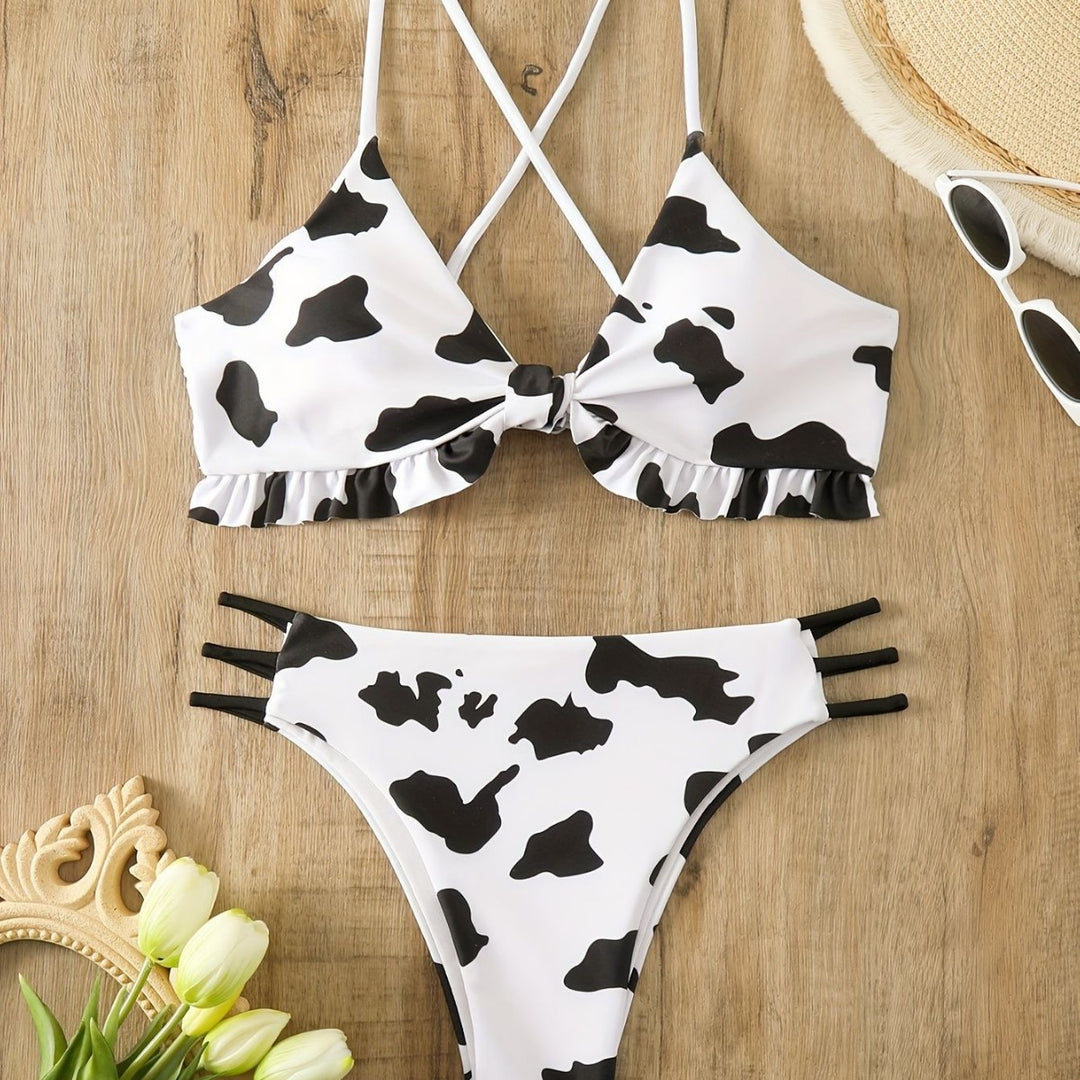 Women Triangle Bikini with fringe detail and playful cow pattern Mune Fashion