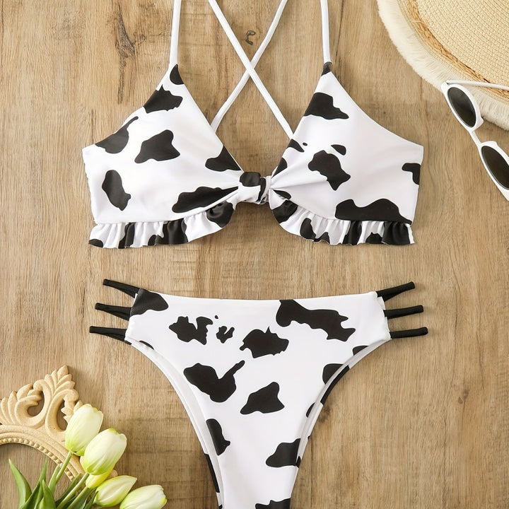 Women Triangle Bikini with fringe detail and playful cow pattern Mune Fashion