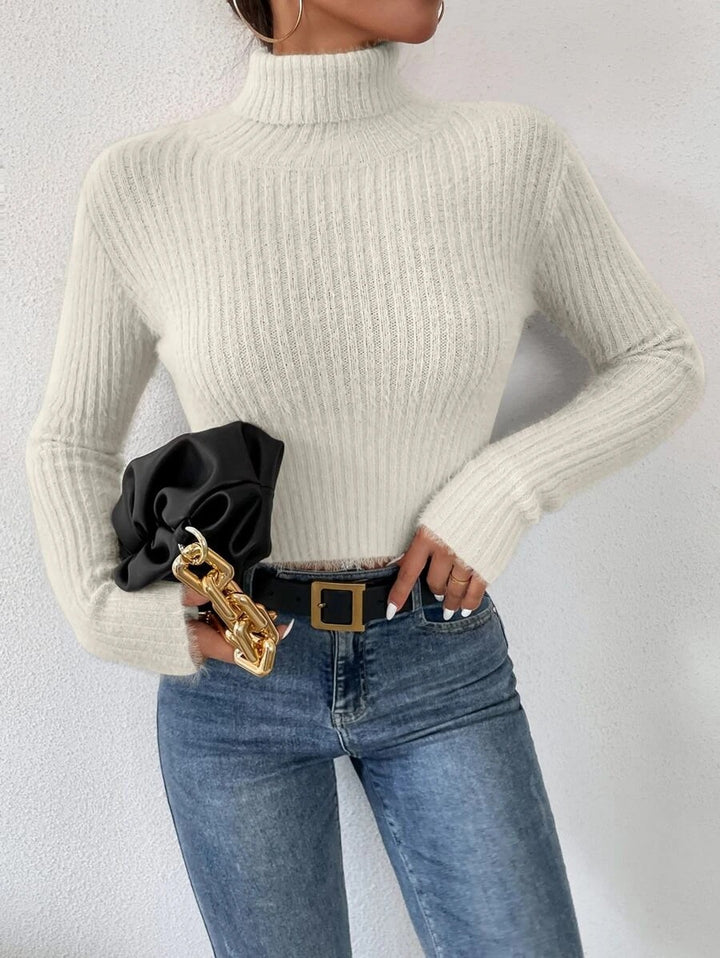 Women's Short Ribbed Turtleneck Sweater with Fluffy Mohair Look Mune Fashion