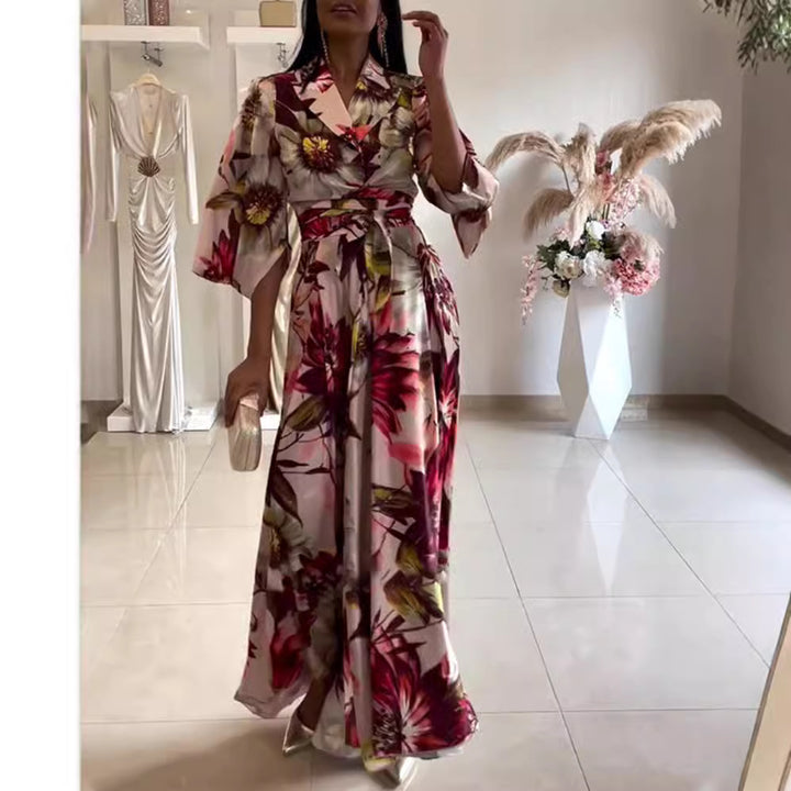 Ladies nan maxi dress with shawl collar, kimono sleeves and waist-defining tie belt Mune Fashion