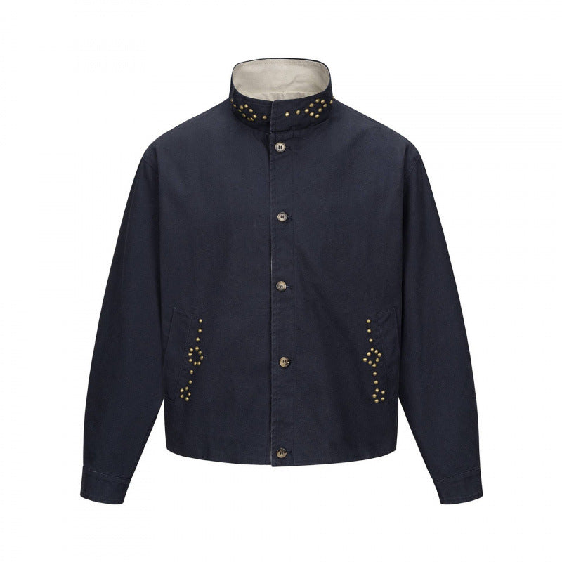 Men's short cut boxy canvas jacket with studded detail and stand-up collar Mune Fashion