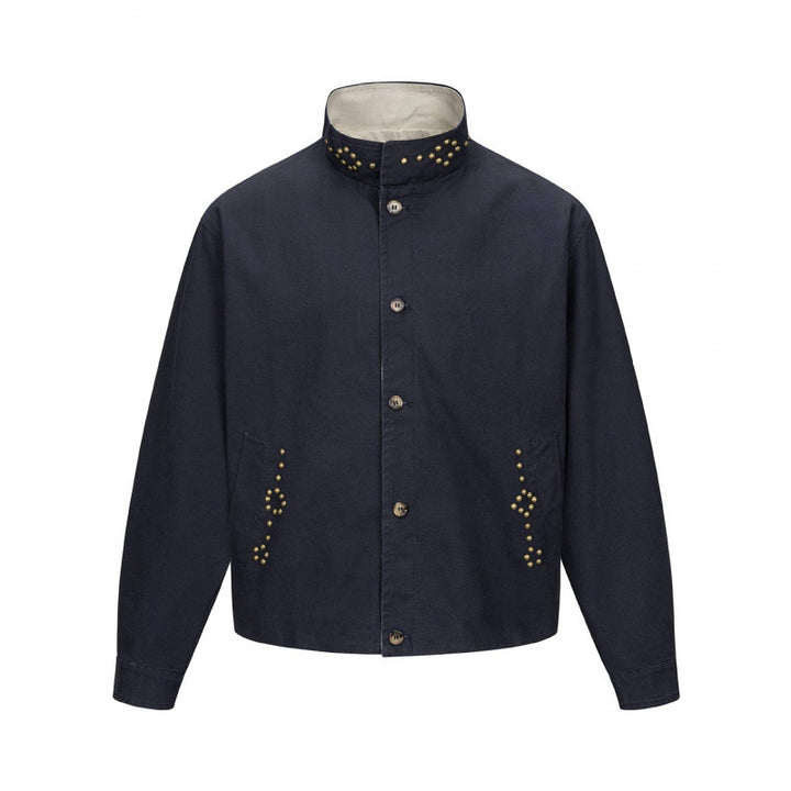 Men's short cut boxy canvas jacket with studded detail and stand-up collar Mune Fashion