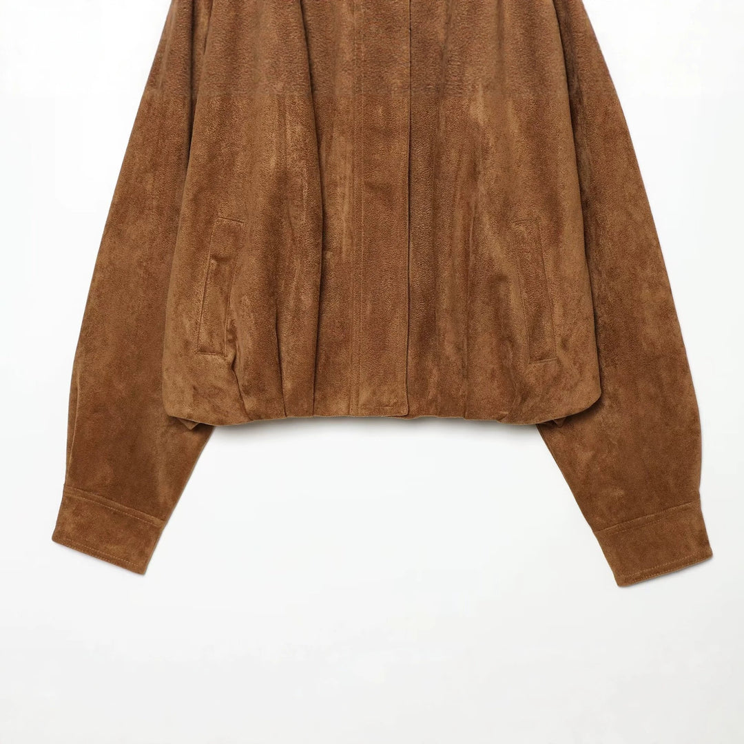 Women's short cut oversized suede bomber jacket with standing collar Mune Fashion