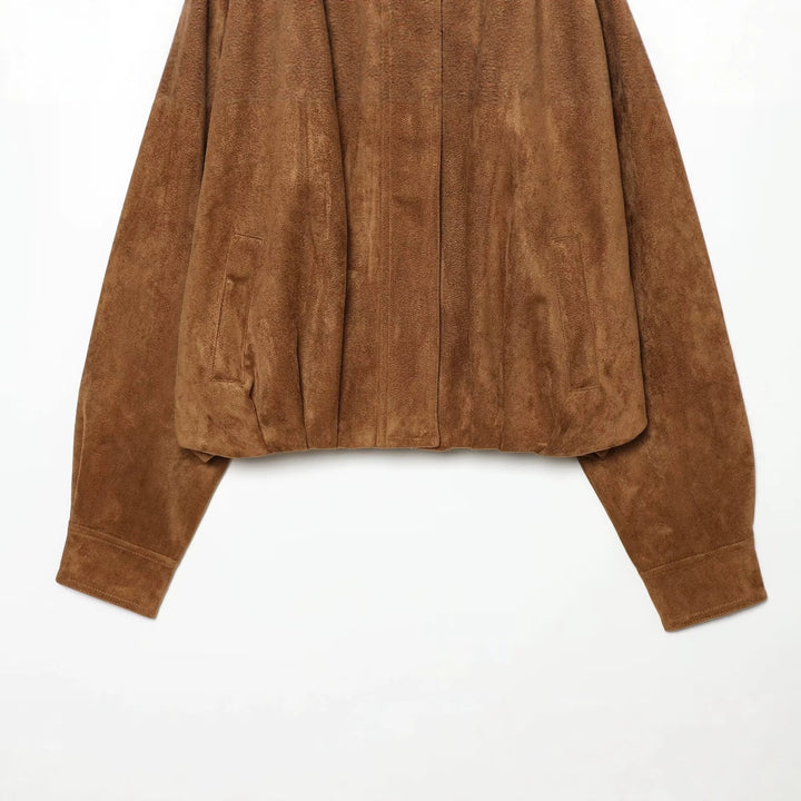 Women's short cut oversized suede bomber jacket with standing collar Mune Fashion
