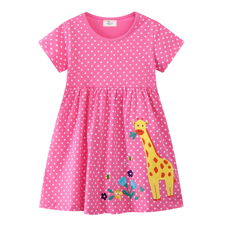 Girls Cotton Dress with Cute Giraffe Pattern Mune Fashion