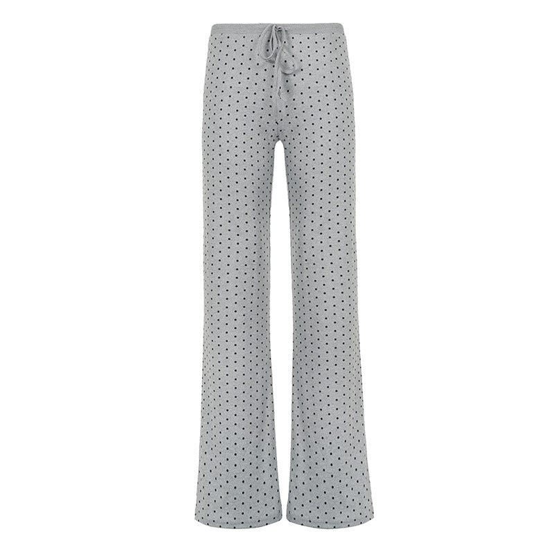Women's comfortable high-waist lounge pants with wide flare, elastic comfort waistband, drawstring, and subtle dot print Mune Fashion