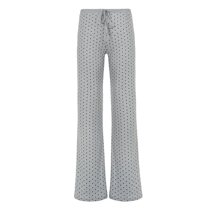 Women's comfortable high-waist lounge pants with wide flare, elastic comfort waistband, drawstring, and subtle dot print Mune Fashion