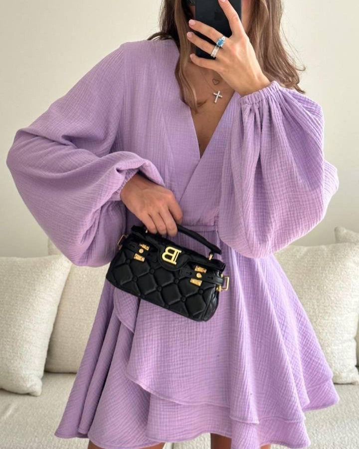 Women's Airy Wrap Dress with Ruffle Layers and Balloon Sleeves Mune Fashion