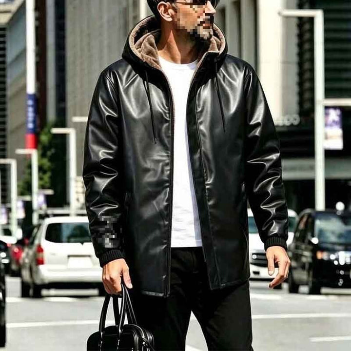 Men's Faux Leather Parka with Teddy Lining, Hood & Concealed Zipper Mune Fashion