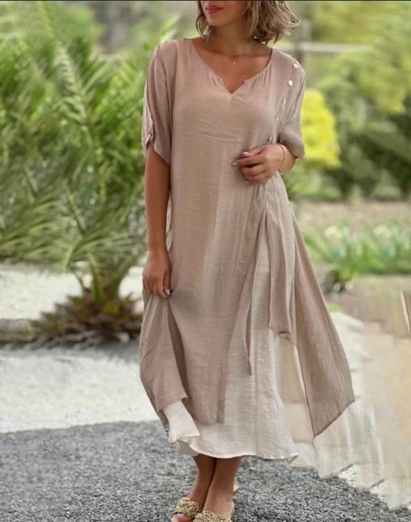 Women's double-layer shirt dress with asymmetric layered skirt, side decorative button placket, and drawstring Mune Fashion