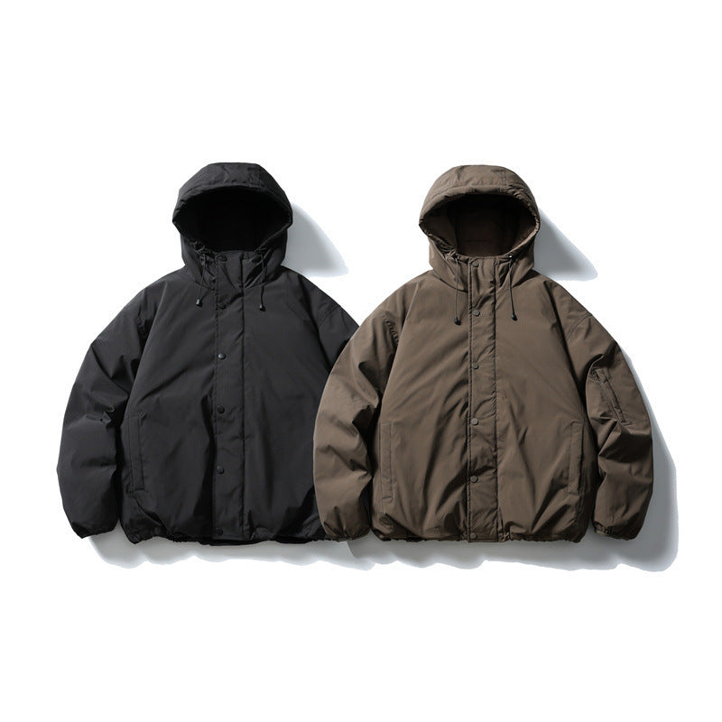 Unisex Boxy padded hoodie jacket with drawstring, snap button placket, and arm pocket Mune Fashion