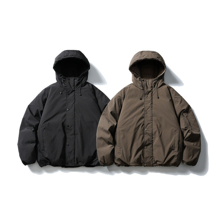 Unisex Boxy padded hoodie jacket with drawstring, snap button placket, and arm pocket Mune Fashion