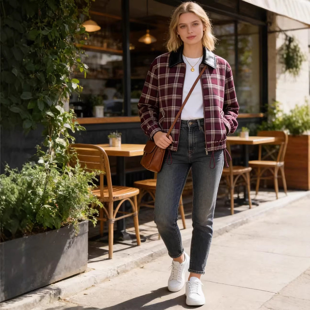 Women's Checked Blouson Jacket with Contrasting Leather Collar and Elastic Hem Mune Fashion