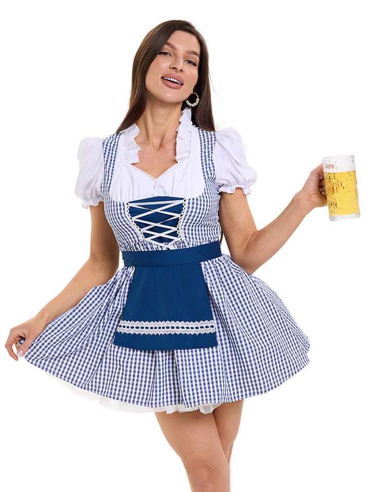 Ladies' short checked traditional Dirndl with lacing puff sleeves and apron Mune Fashion