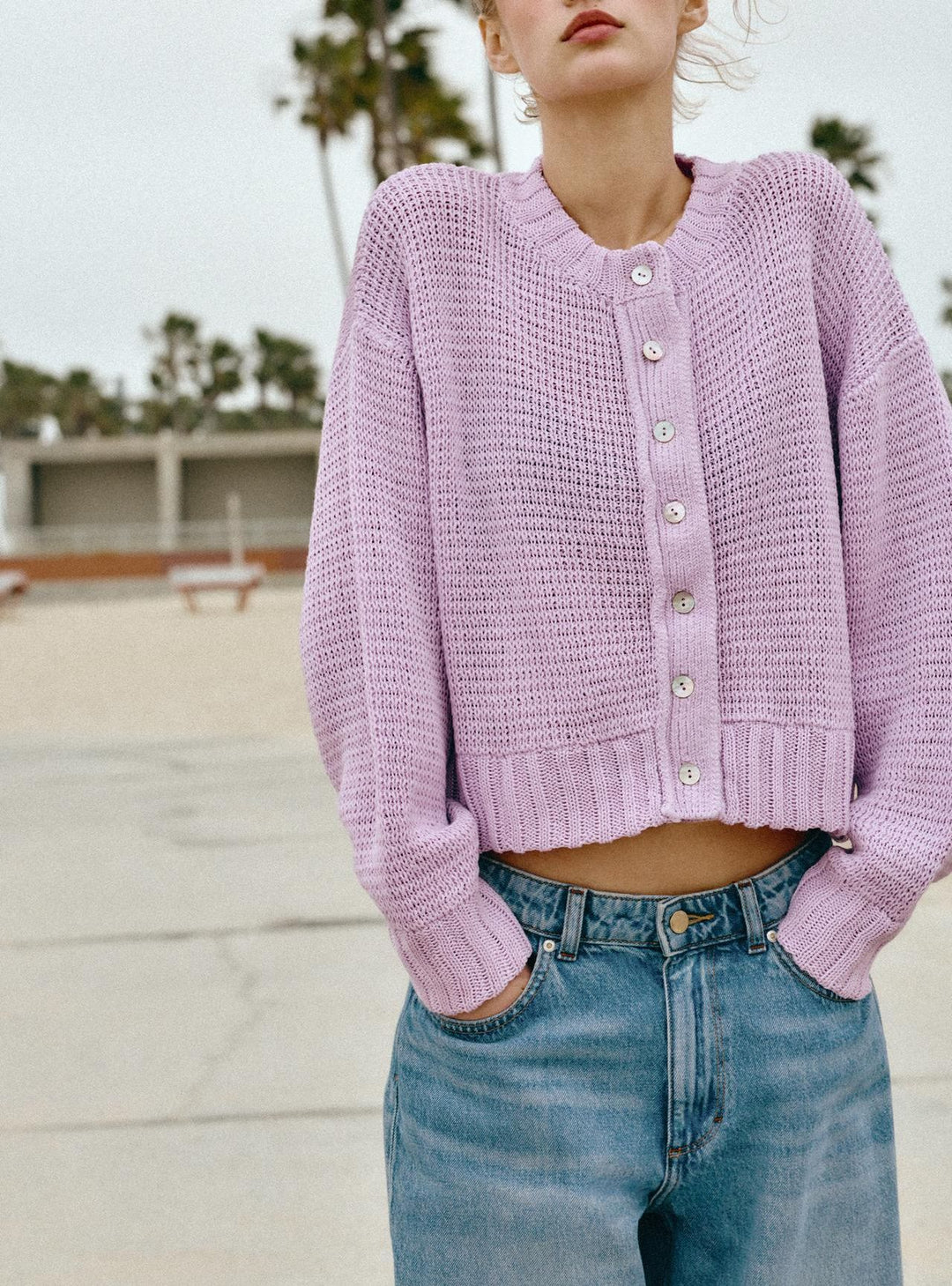 Women's Loose Cropped Cardigan with Button Placket and Open Structure Drune