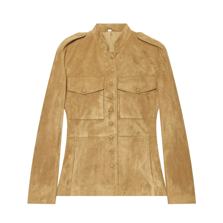 Women's Tailored Suede-Look Jacket in Military Style with Stand-up Collar and Shoulder Straps Mune Fashion
