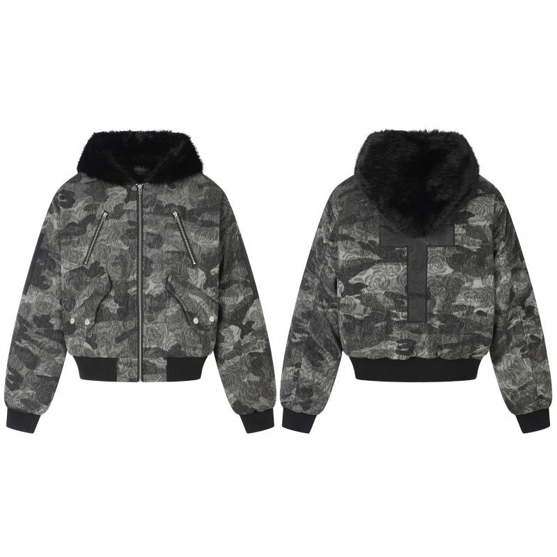 Ladies Boxy Bomber Jacket with Soft Faux Fur Collar and Floral Camouflage Structure Mune Fashion