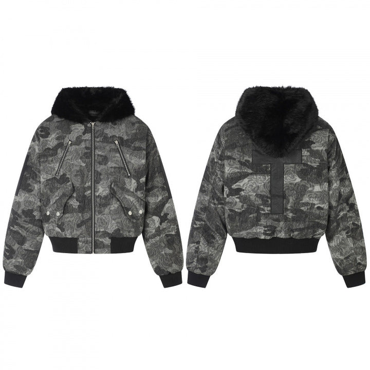 Ladies Boxy Bomber Jacket with Soft Faux Fur Collar and Floral Camouflage Structure Mune Fashion