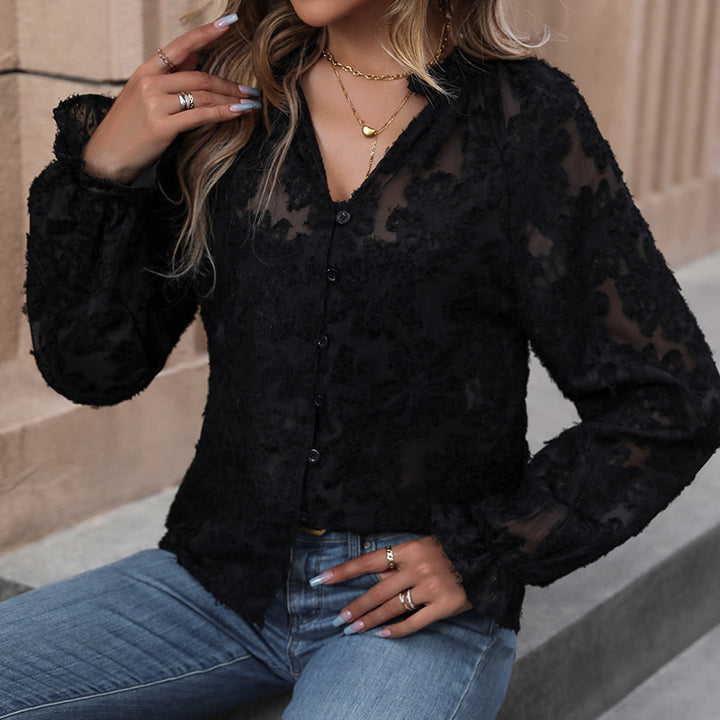 Women Elegant Transparent Blouse with Floral Applications Mune Fashion