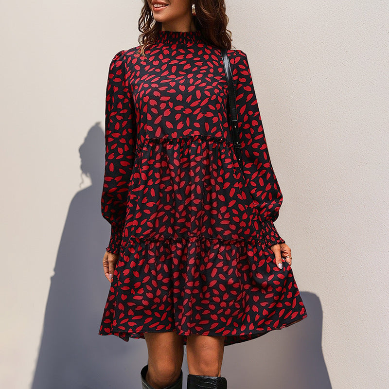 Women Loose Tiered Mini Dress with Smocked Collar, Ruffle Seam and Long Sleeves Mune Fashion