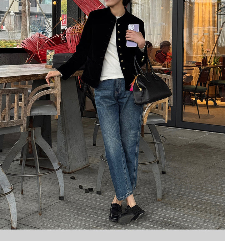 Women's Elegant Velvet Jacket with Button Placket Drune
