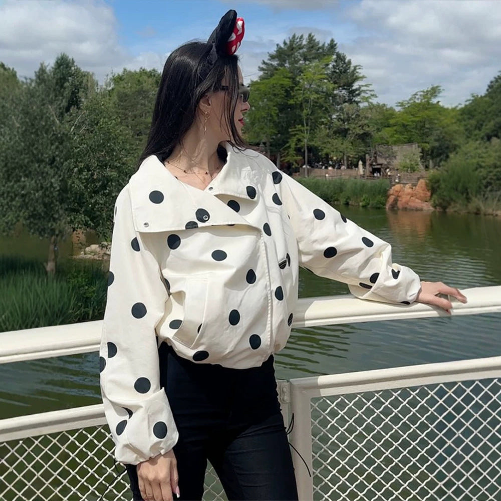 Women's cropped bomber jacket with oversized shawl collar and polka dot print Mune Fashion