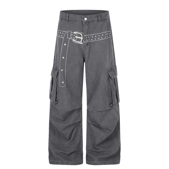 Women's cargo palazzo pants made of cotton blend with wide legs, patch flap pockets and belt print Mune Fashion