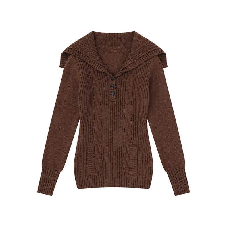 Women's knit sweater with cable pattern, shawl collar and button placket Mune Fashion