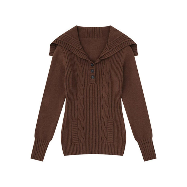 Women's knit sweater with cable pattern, shawl collar and button placket Mune Fashion