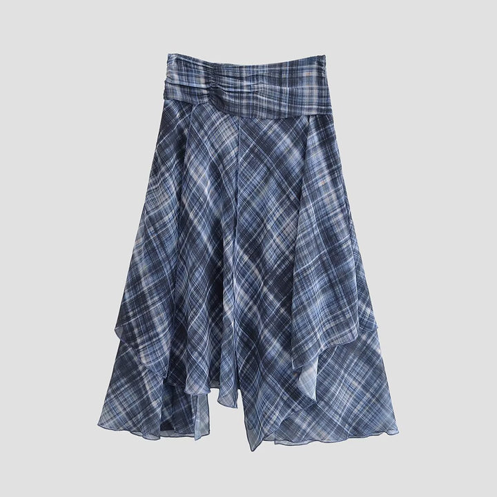 Women Asymmetrical multilayer midi skirt made of chiffon with wide waistband and check pattern Mune Fashion