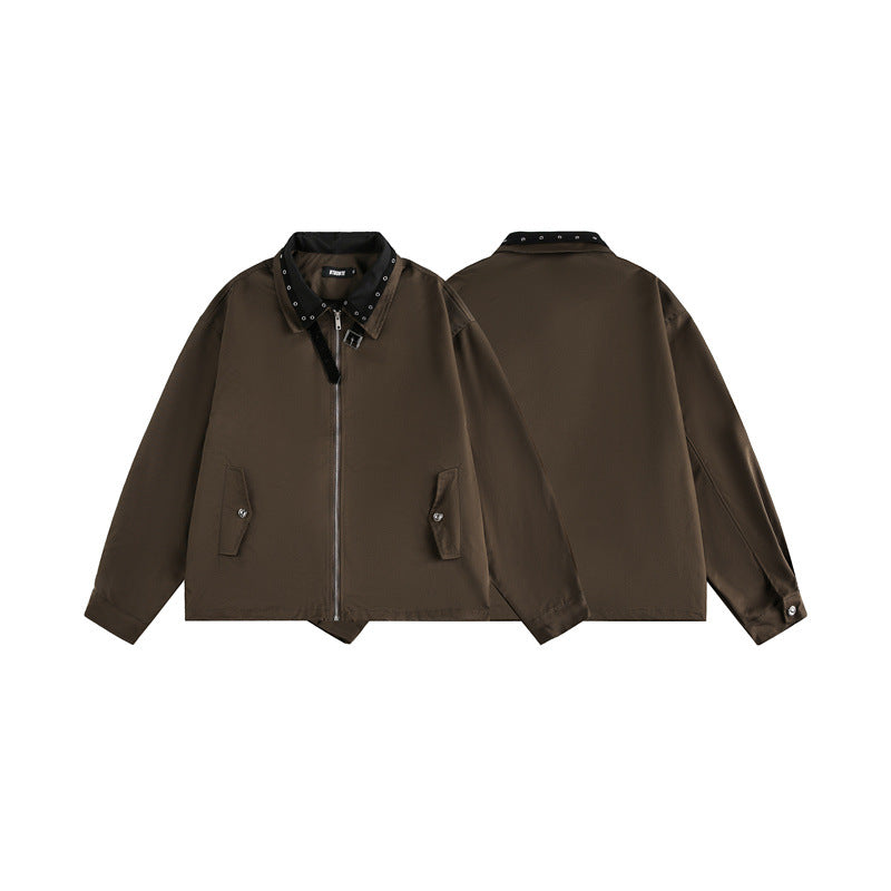 Unisex Boxy Blouson Jacket with Stud Decoration at the Buckle Collar and Concealed Zipper Mune Fashion