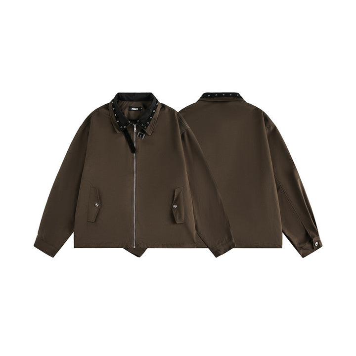 Unisex Boxy Blouson Jacket with Stud Decoration at the Buckle Collar and Concealed Zipper Mune Fashion