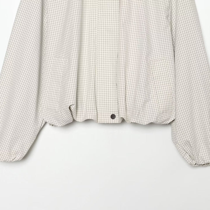 Women's Cropped Blouson Jacket in Boxy Cut with Fine Check Pattern and Contrast Faux Leather Collar Mune Fashion