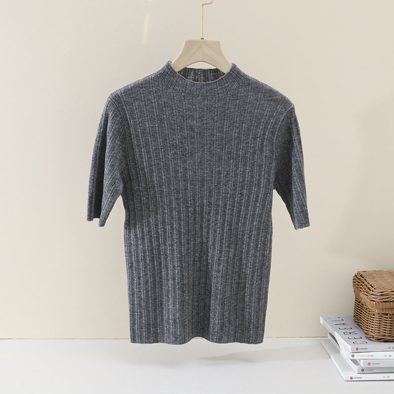 Ladies Fine Ribbed Short Sleeve Fine Knit Top with Stand Collar Mune Fashion