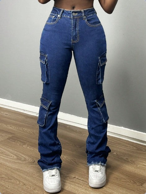 Ladies High-Waisted Cargo Jeans with Multiple Flap Pockets & Flared Hem Mune Fashion
