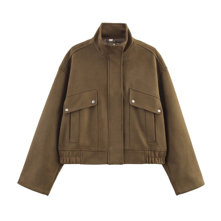 Women's short oversized jacket in suede look with stand-up collar, patch pockets, and elastic waistband Mune Fashion