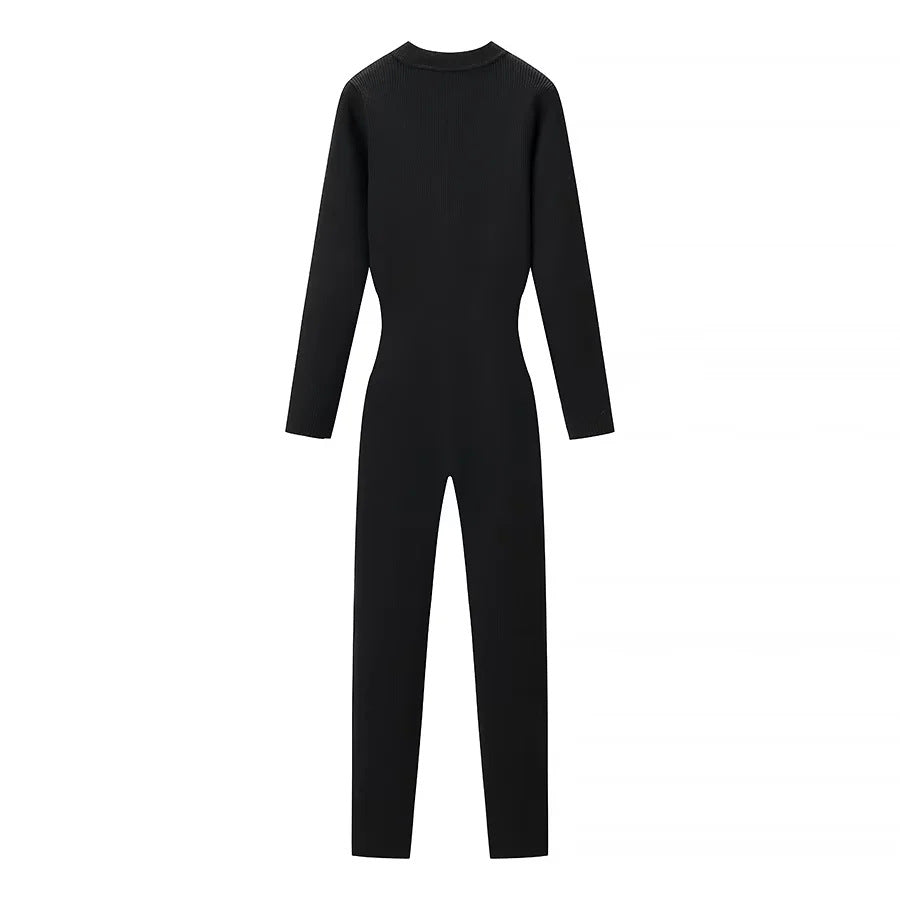 Women’s body-hugging ribbed jumpsuit with high collar and half-concealed zipper Mune Fashion