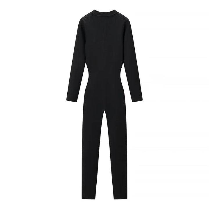 Women’s body-hugging ribbed jumpsuit with high collar and half-concealed zipper Mune Fashion